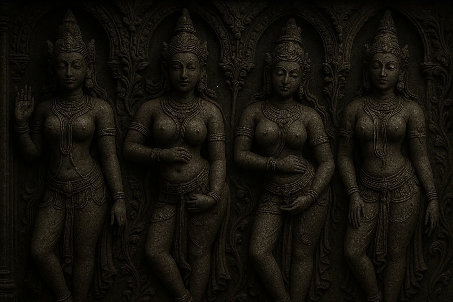 Relief of four sculpted figures in dark tones